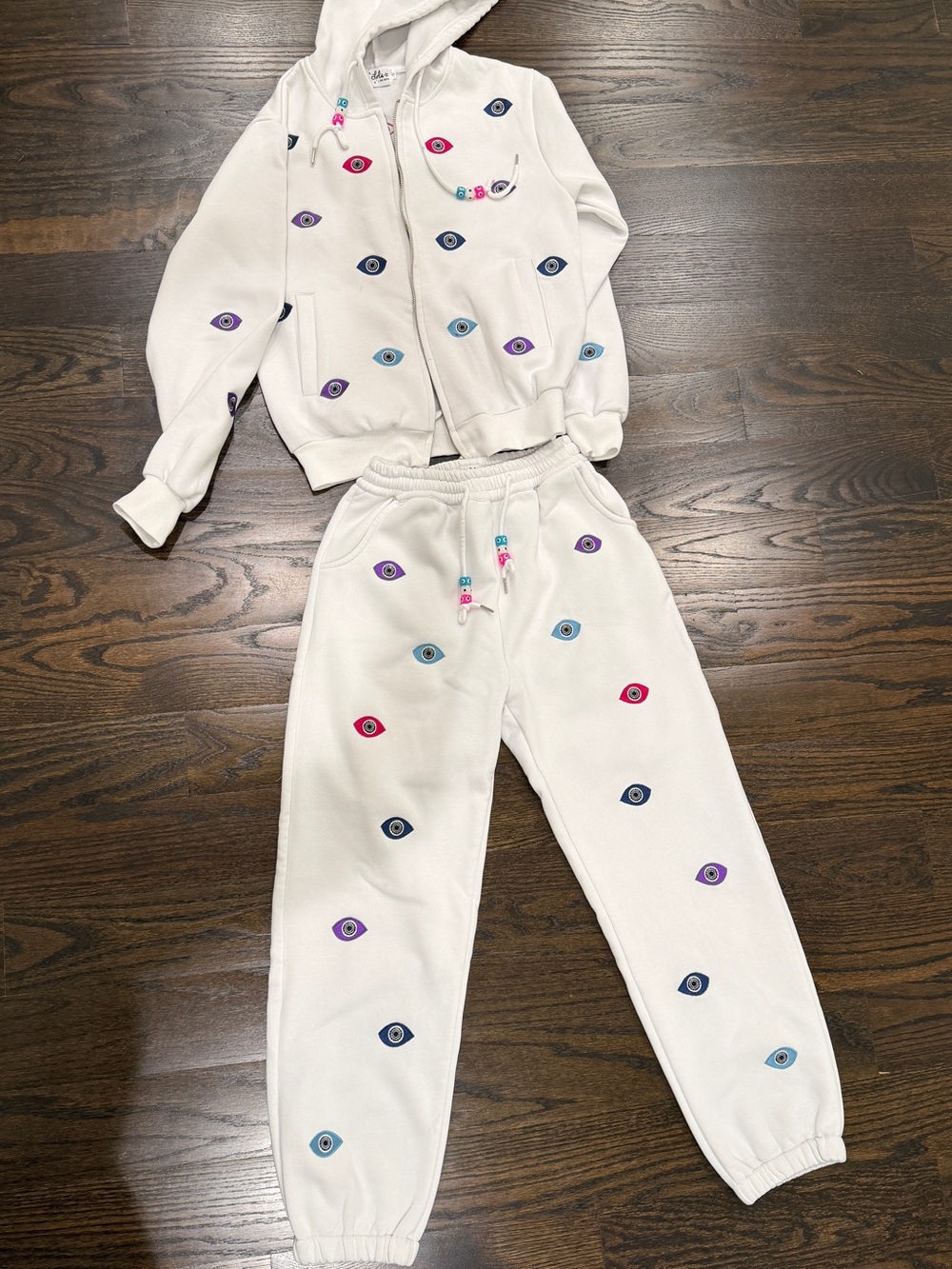 Lola & the boys  White Hooded Pajama Set with Colorful Eye Motifs
